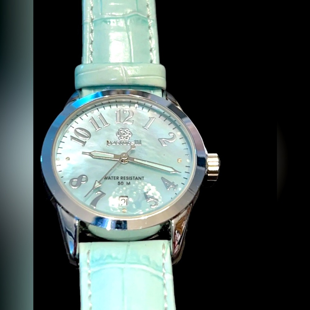 Ladies PASTORELLI Silver Tone, Blue Leather, Mother of Pearl Dial Watch 50m H2o